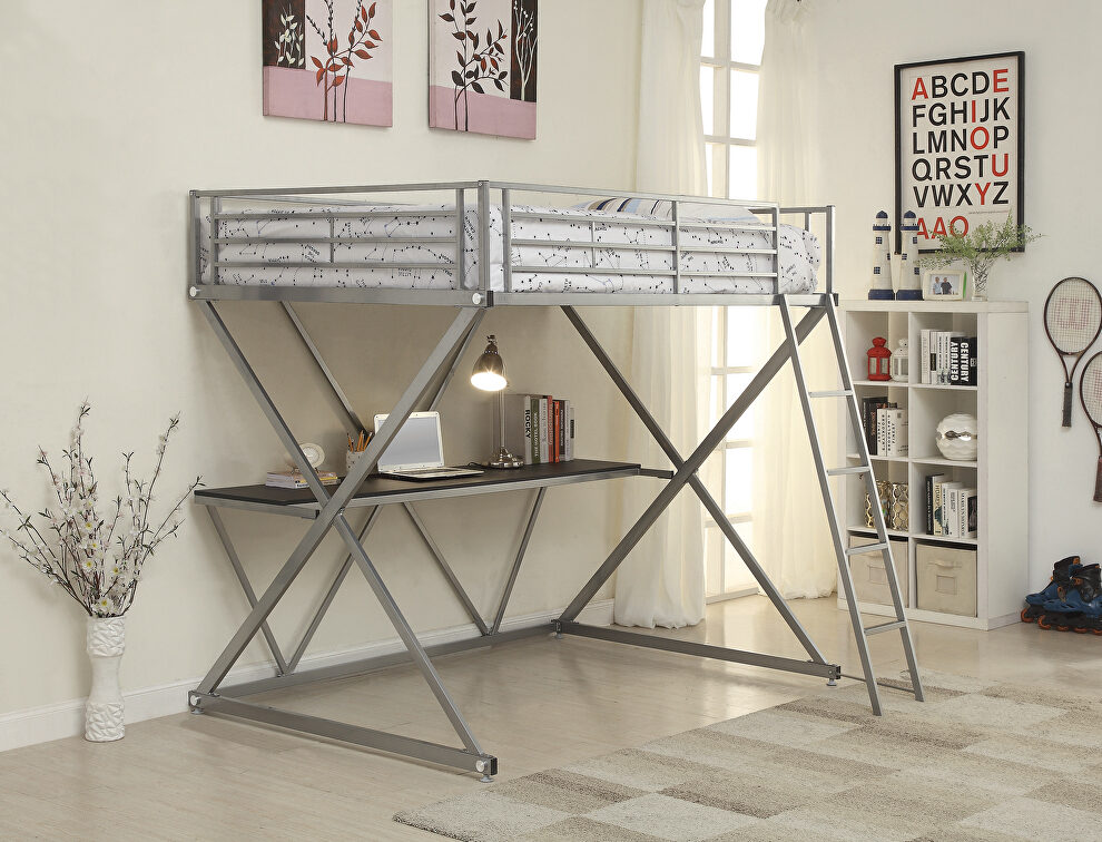 Silver metal finish full workstation loft bed by Coaster