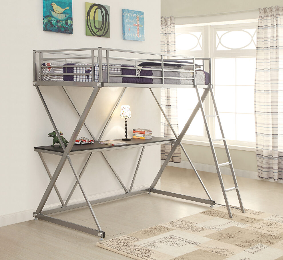 Silver metal finish twin workstation loft bed by Coaster