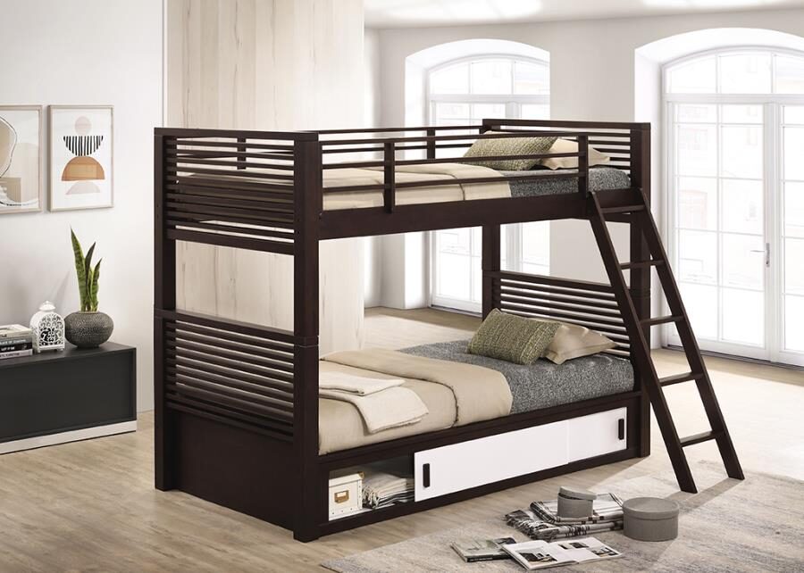 Java finish and bright white cabinets twin/twin bunk bed by Coaster