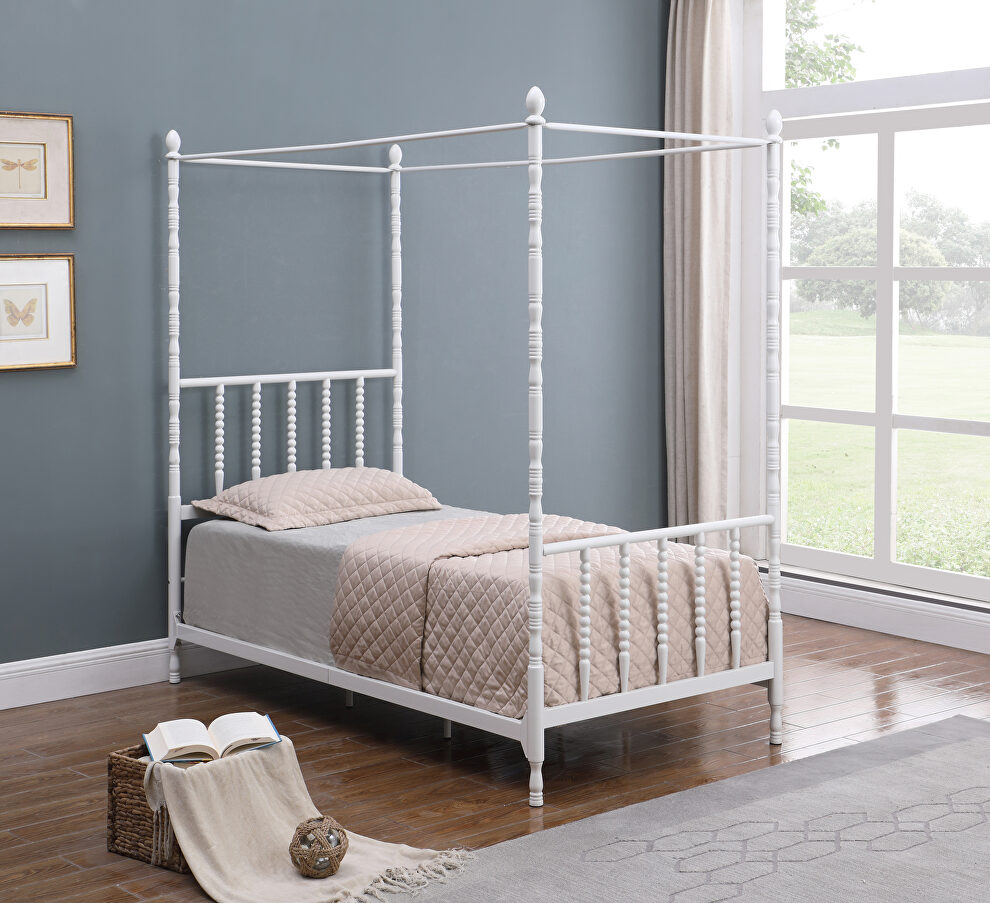 White metal finish twin canopy bed by Coaster