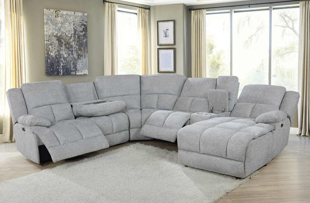 Six-piece modular power motion sectional upholstered in a gray performance-grade fabric by Coaster