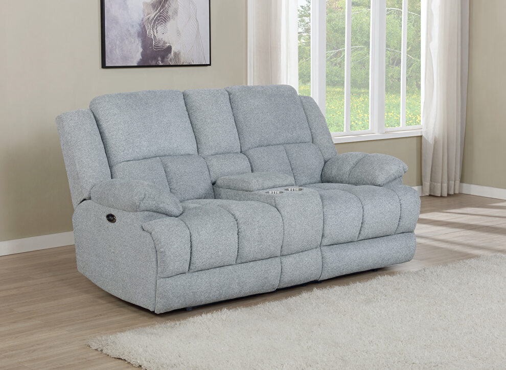 Power loveseat upholstered in gray performance fabric by Coaster