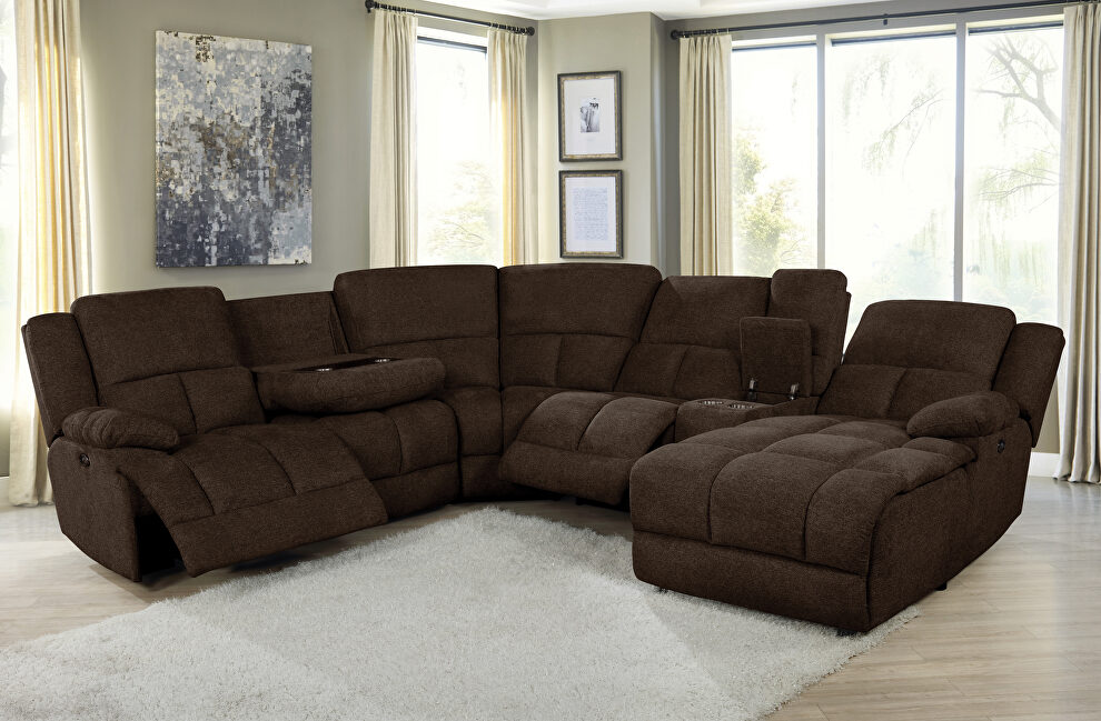 Six-piece modular power motion sectional upholstered in a brown performance-grade fabric by Coaster