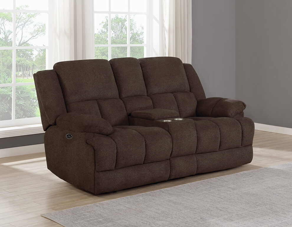 Power loveseat upholstered in brown performance fabric by Coaster