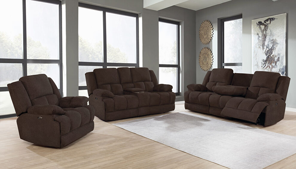 Power motion sofa upholstered in brown performance fabric by Coaster