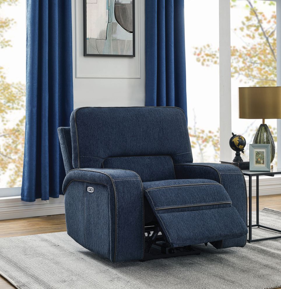 Power2 recliner chair in navy blue chenille by Coaster