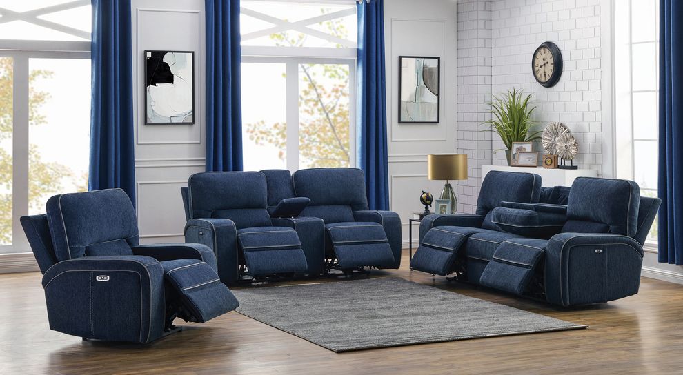 Power2 sofa in navy blue chenille fabric by Coaster
