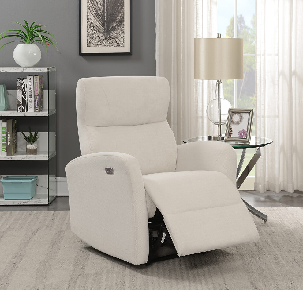 Power recliner upholstered in beige performance-grade chenille by Coaster