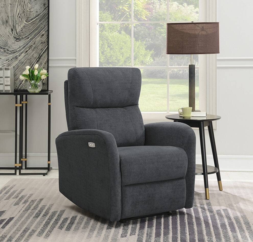 Power recliner upholstered in dark gray chenille by Coaster