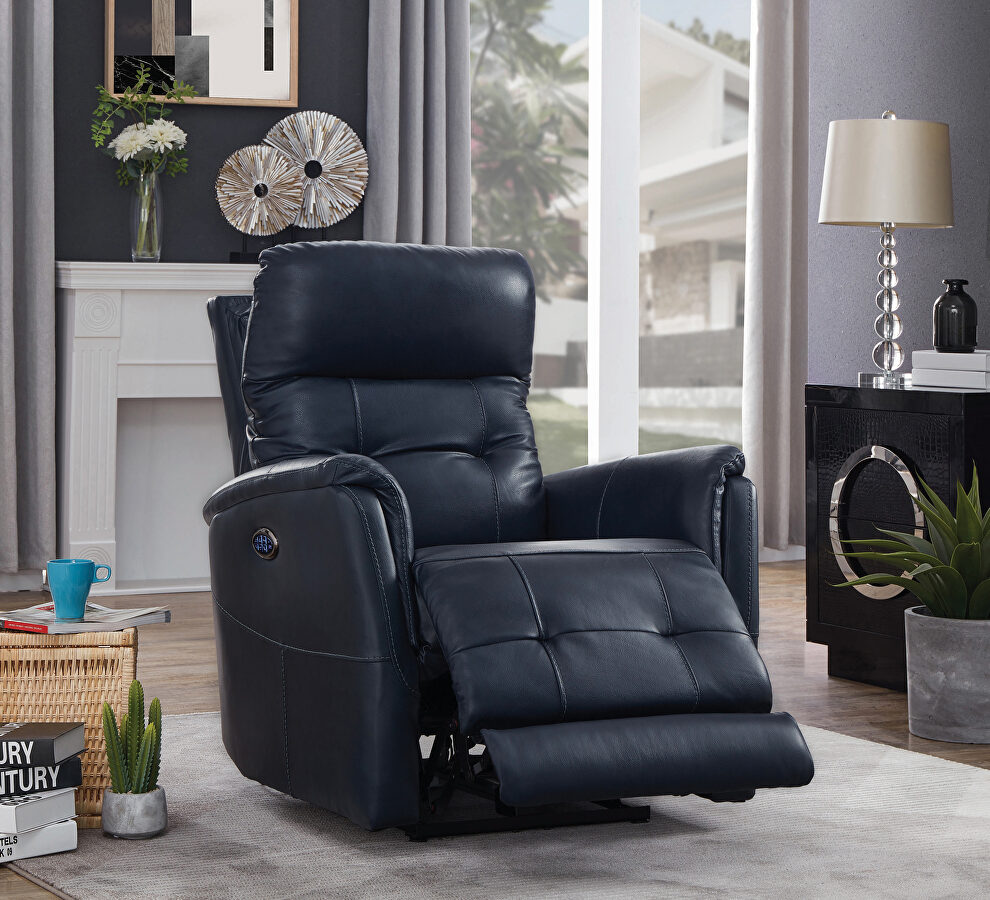 Power3 recliner upholstered in blue top grain leather by Coaster