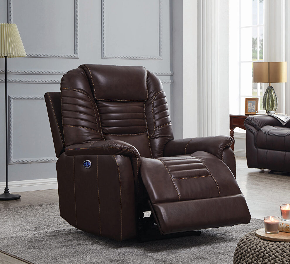 Power recliner upholstered in brown top grain leather by Coaster