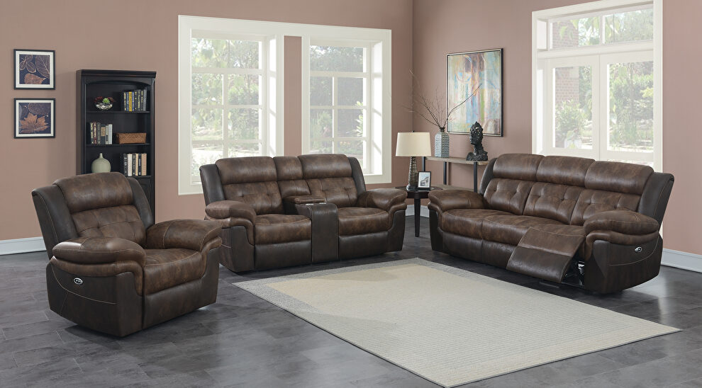 Power motion sofa in chocolate and dark brown exterior by Coaster