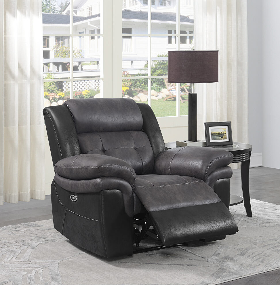 Power recliner in charcoal and matching black exterior by Coaster