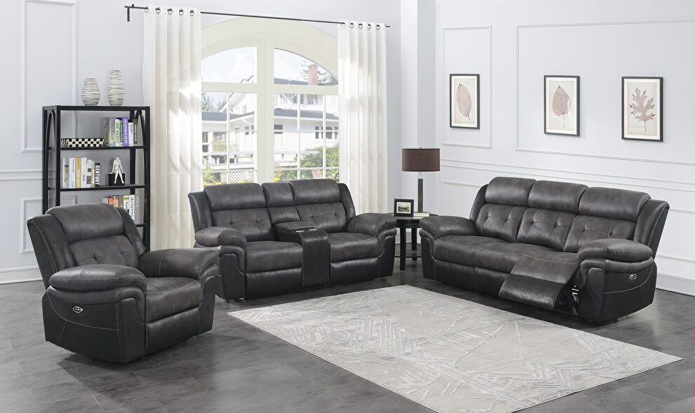 Power motion sofa in charcoal and matching black exterior by Coaster