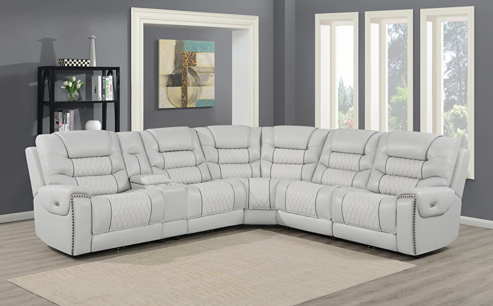 6 pc dual power sectional upholstered in light gray top grain leather by Coaster