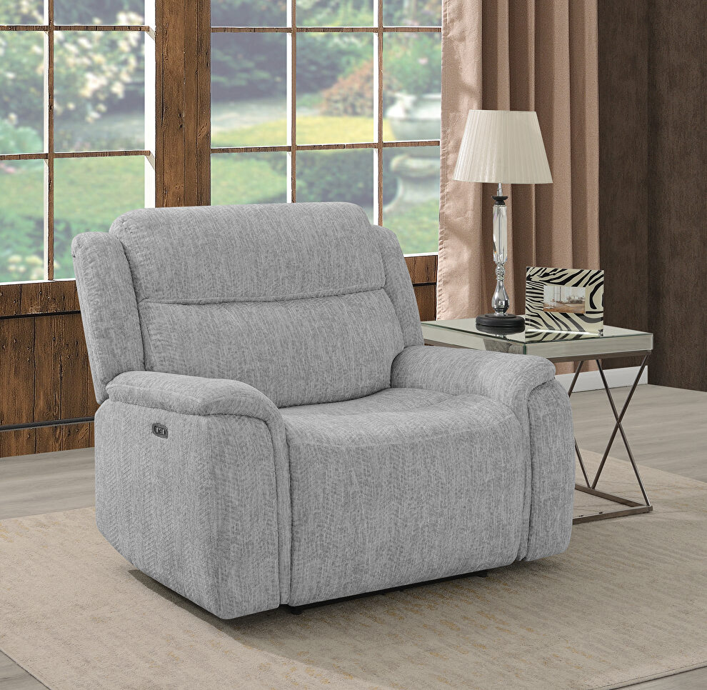 Power2 recliner upholstered in plush gray performance-grade velvet by Coaster