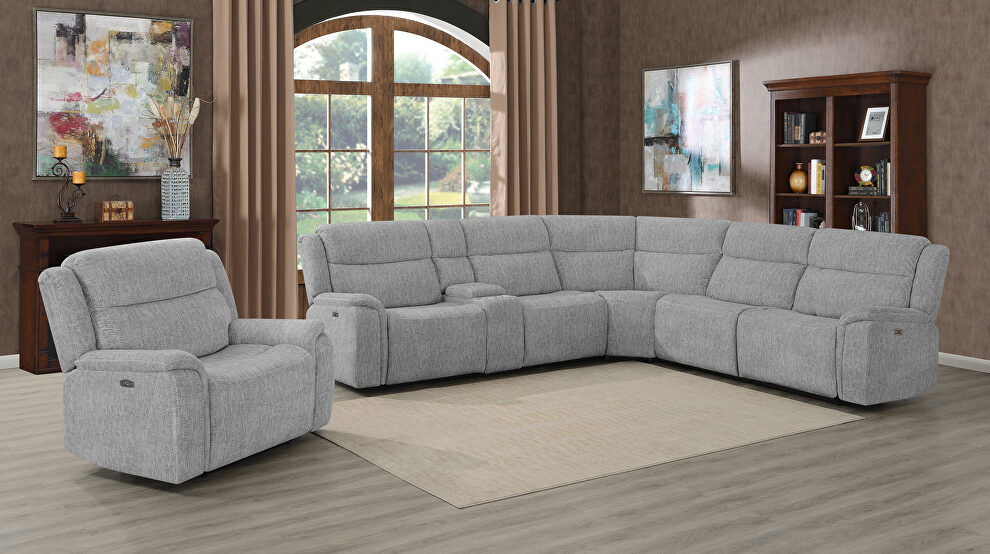 Six-piece modular power motion sectional upholstered in plush gray performance-grade velvet by Coaster