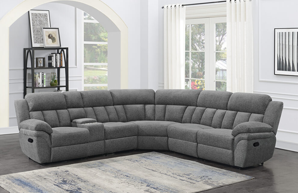 Six-piece modular power motion sectional upholstered in charcoal performance-grade chenille by Coaster