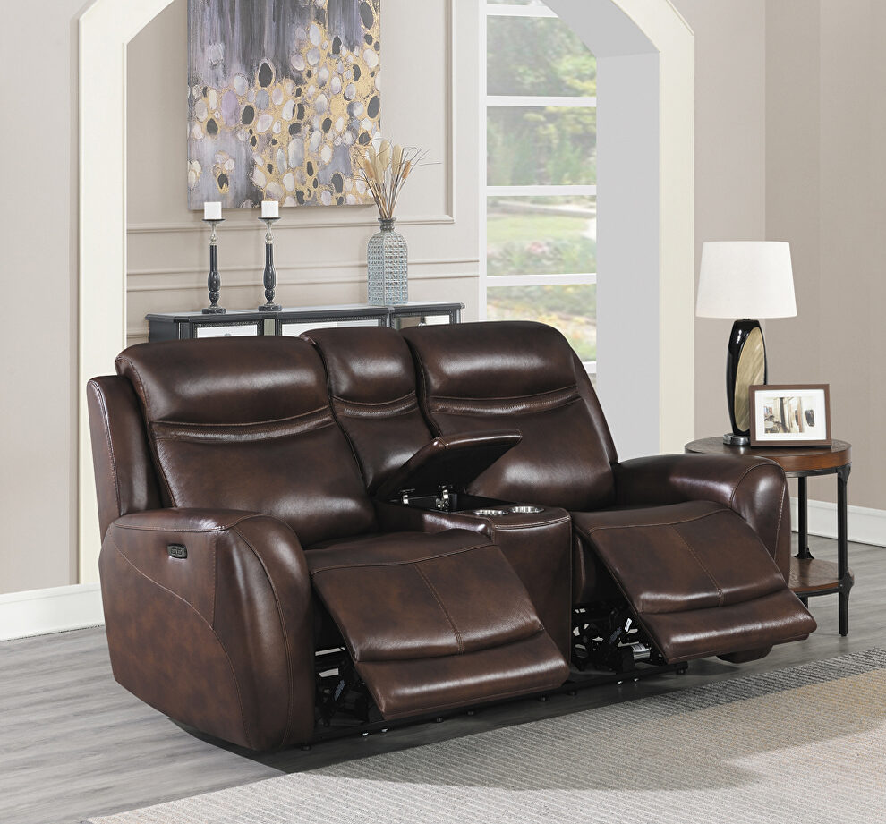 Cognac finish genuine top grain leather power loveseat by Coaster