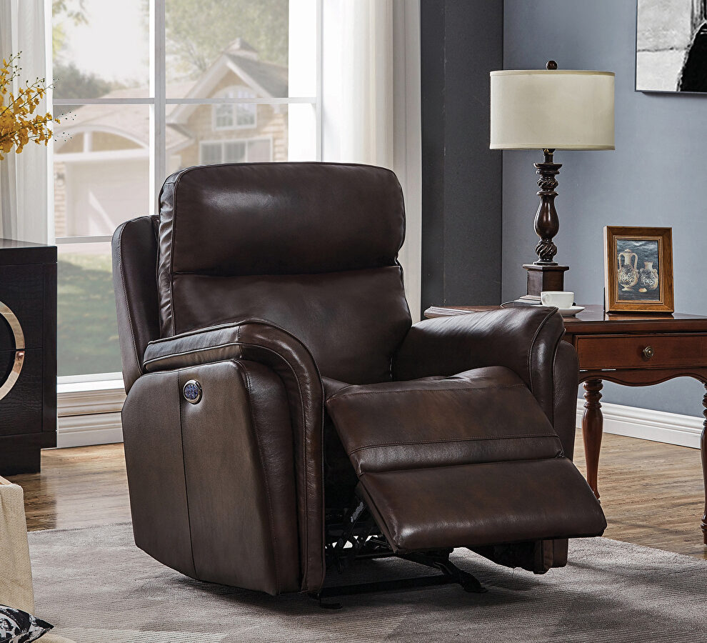 Power3 glider recliner upholstered in dark brown top grain leather by Coaster