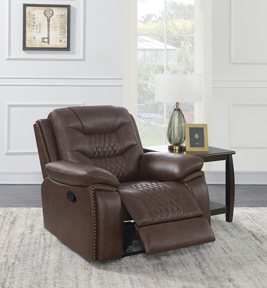 Power recliner upholstered in brown performancegrade leatherette by Coaster