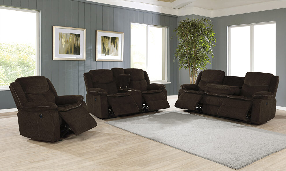 Power motion sofa upholstered in brown performance grade chenille by Coaster