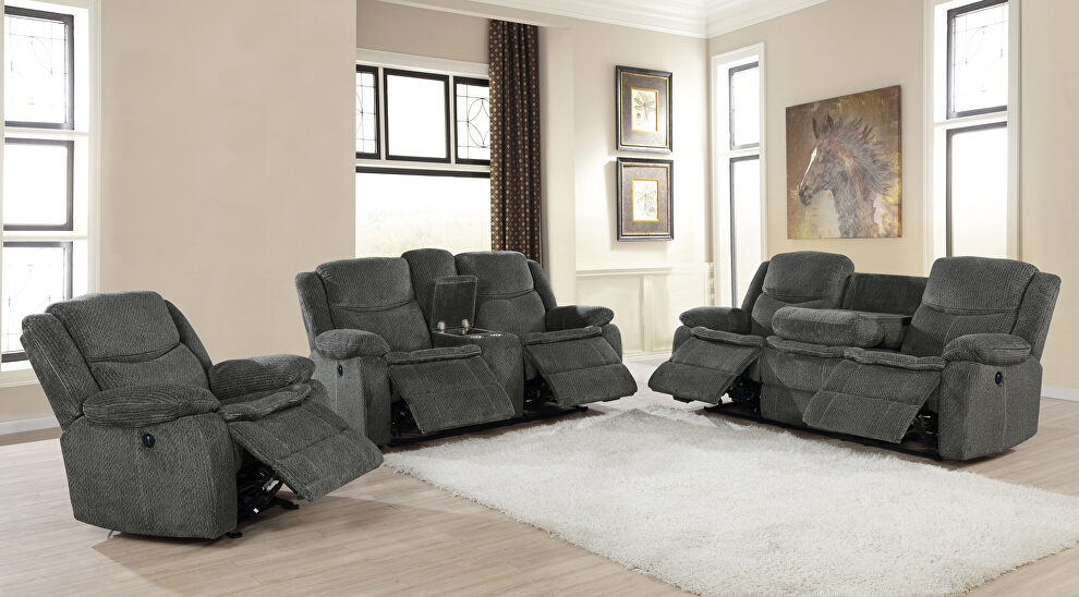 Power motion sofa upholstered in charcoal performance grade chenille by Coaster