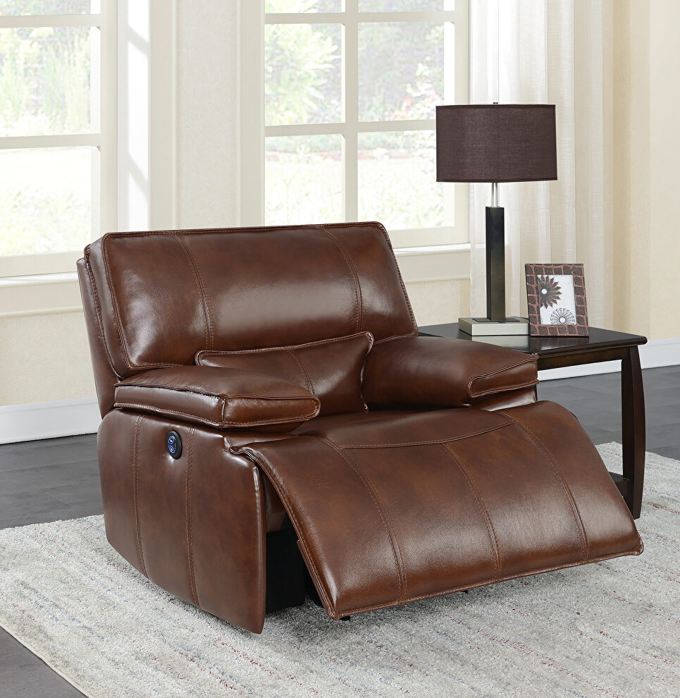 Power glider recliner upholstered in saddle brown top grain leather by Coaster
