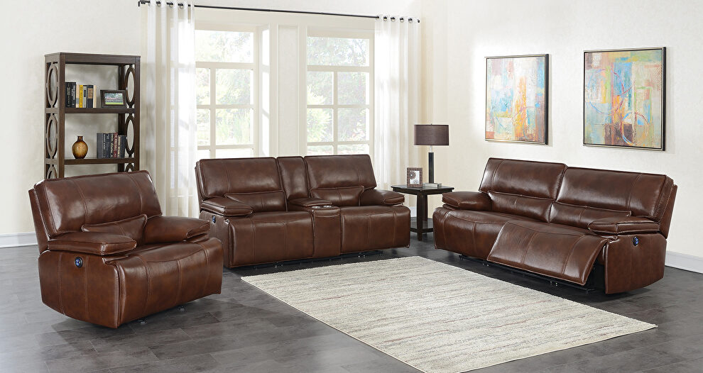 Power motion sofa upholstered in saddle brown top grain leather by Coaster