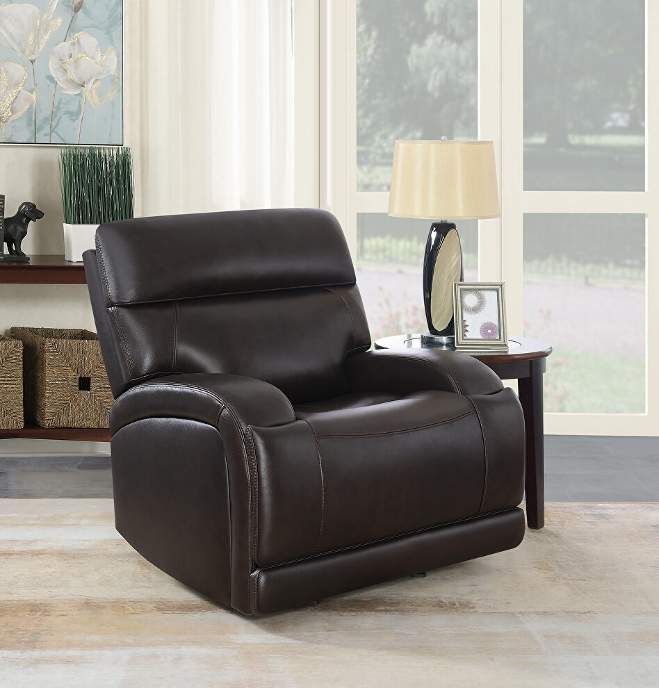 Power glider recliner upholstered in dark brown top grain leather by Coaster