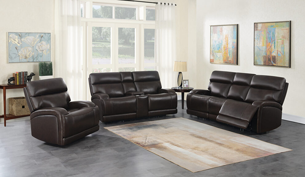 Power motion sofa upholstered in dark brown top grain leather by Coaster