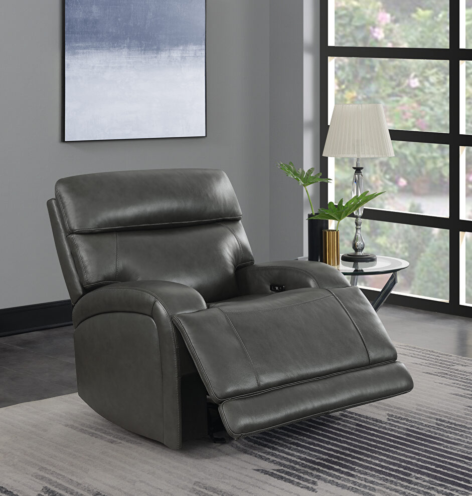 Power glider recliner upholstered in charcoal top grain leather by Coaster