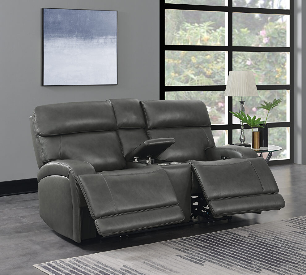 Power loveseat upholstered in charcoal top grain leather by Coaster