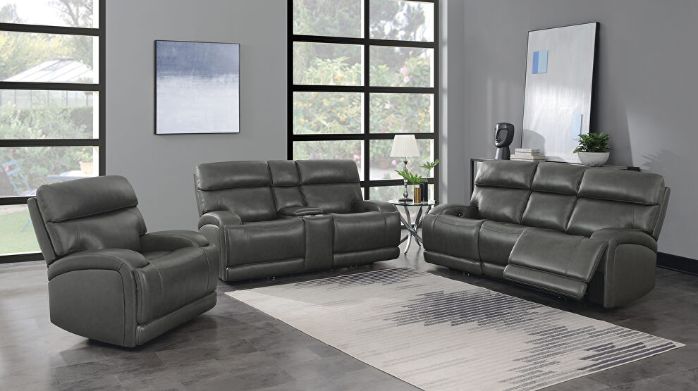 Power motion sofa upholstered in charcoal top grain leather by Coaster