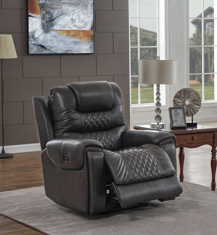 Dark charcoal gray top grain leather recliner chair by Coaster