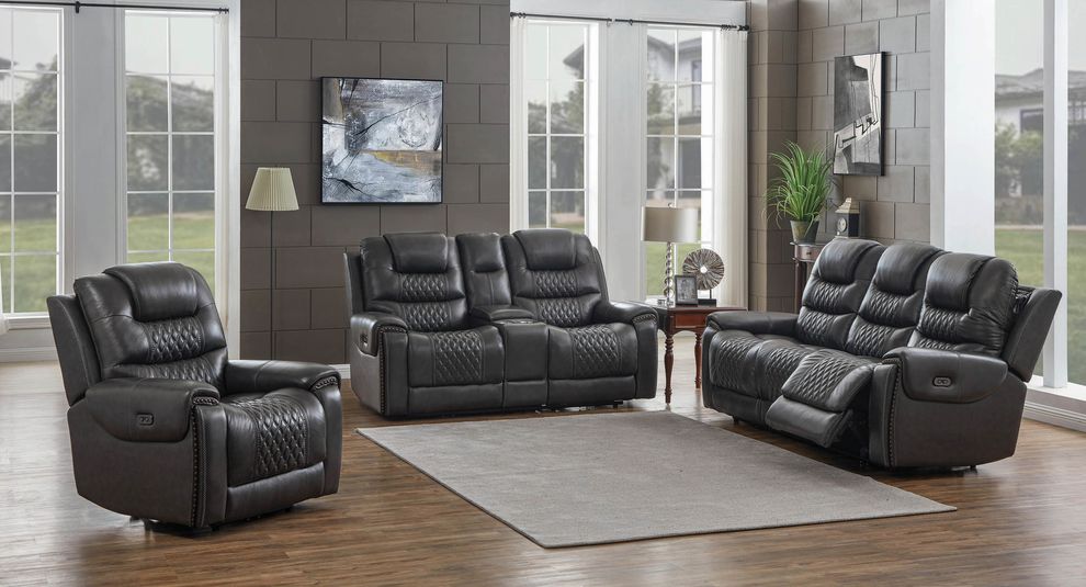 Dark charcoal gray top grain leather recliner sofa by Coaster