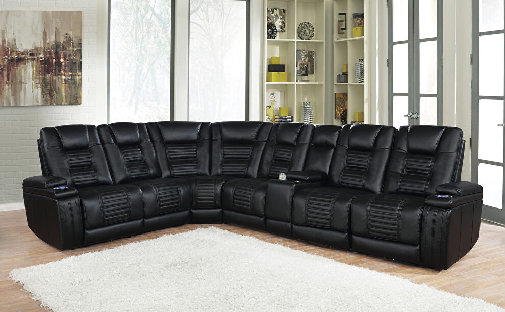 7 pc dual power sectional upholstered in a black performance-grade leatherette by Coaster