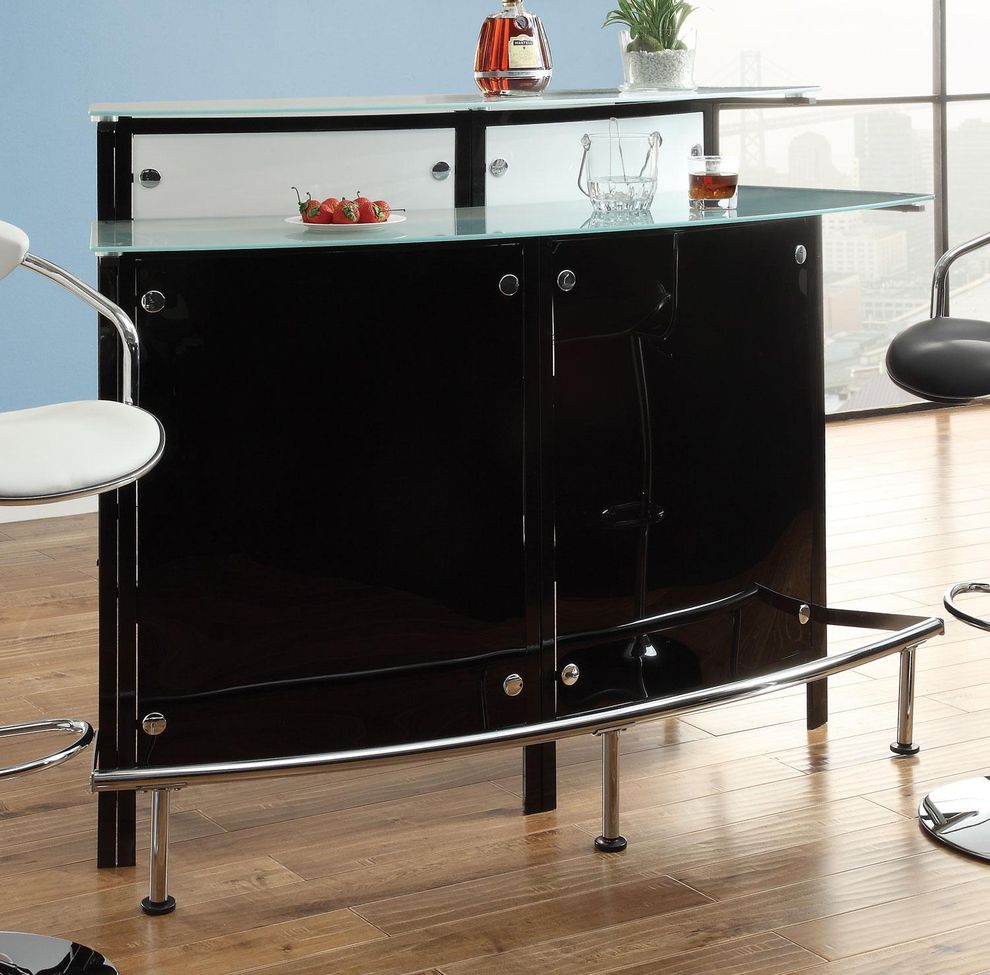 Black bar table with frosted glass counter tops by Coaster