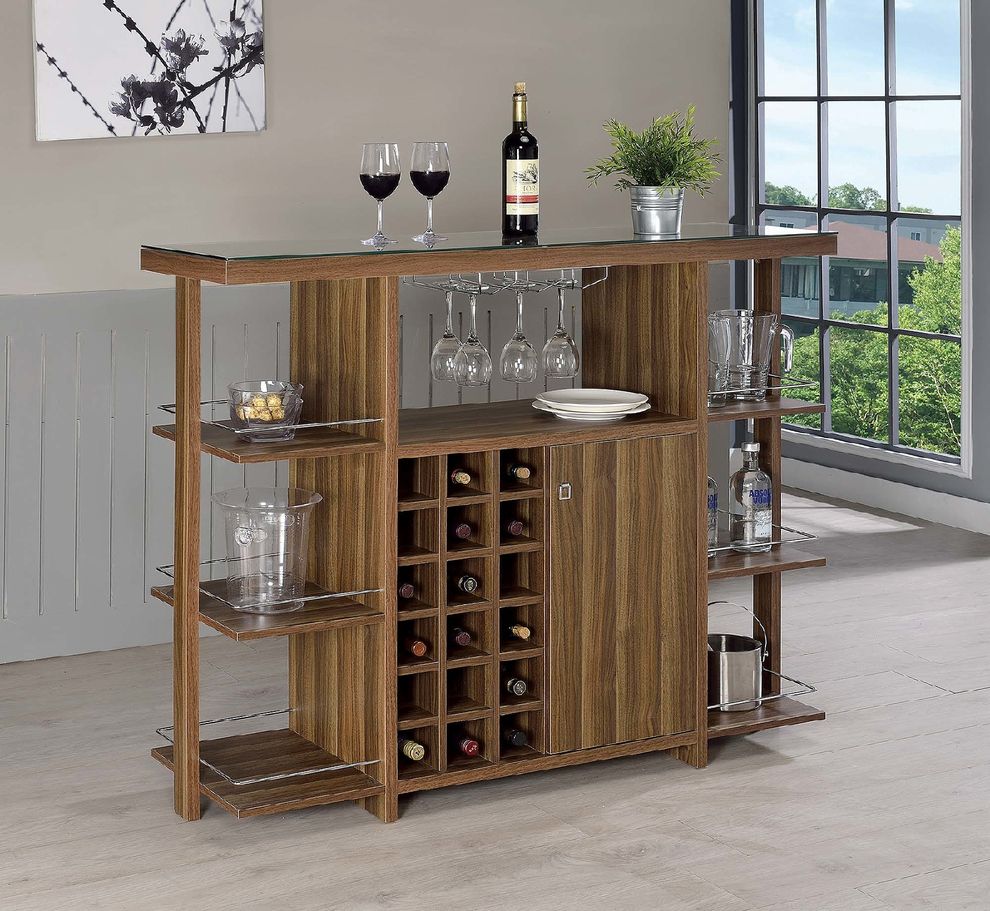 Modern walnut bar unit with wine bottle storage by Coaster