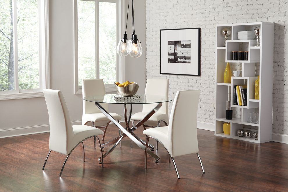 Contemporary chrome dining table w round glass top by Coaster