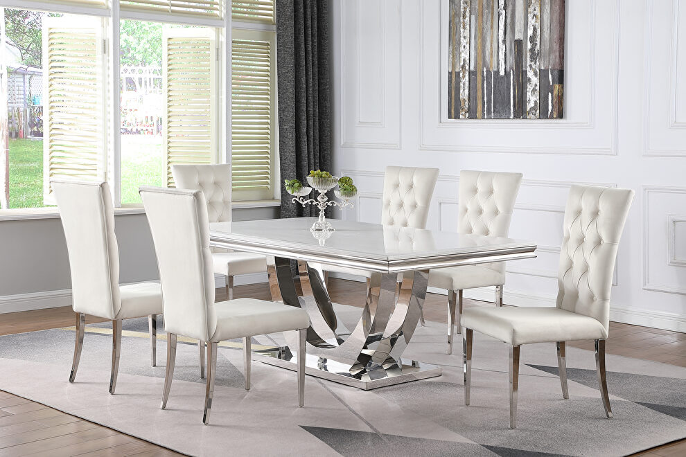 Rectangle faux marble top dining table white and chrome by Coaster
