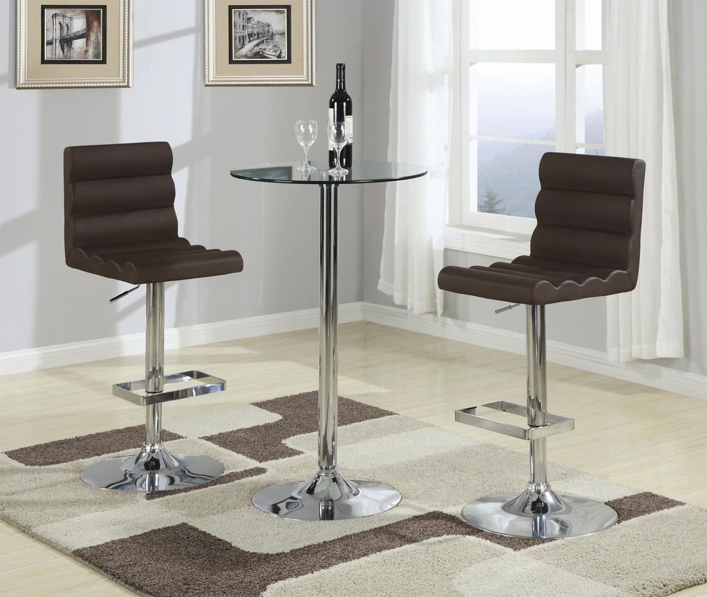 Small glass bar table + 2 brown stools set by Coaster