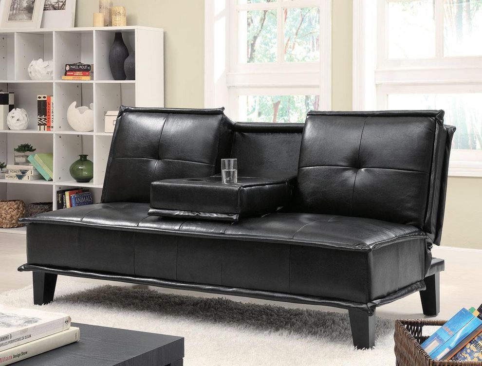 Black leatherette cup holder sofa bed by Coaster