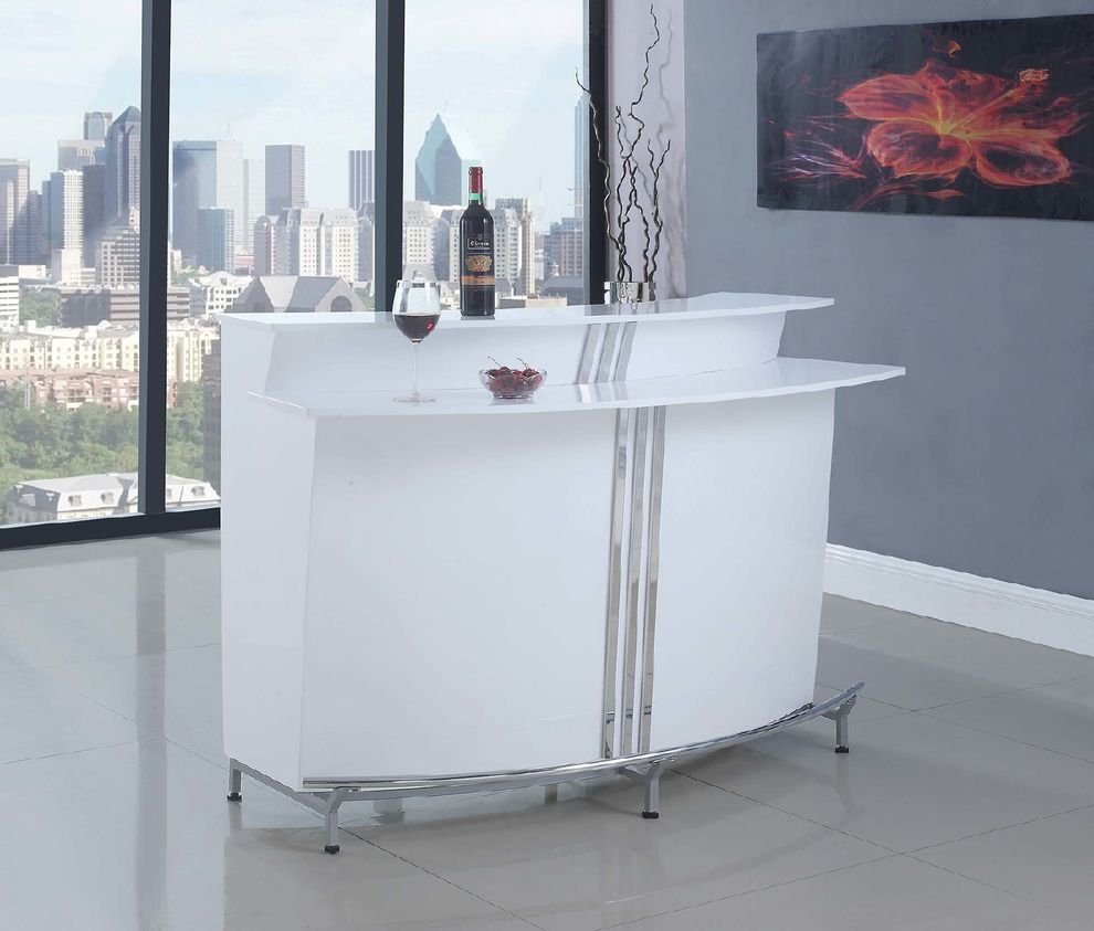 Contemporary white bar unit with stemware racks by Coaster