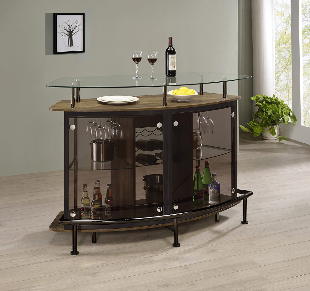 Modern, rustic, crescent shaped front bar unit finished in brown oak by Coaster