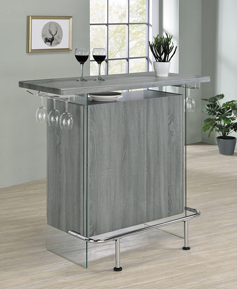 Weathered gray finish rectangular bar unit with footrest and glass side panels by Coaster
