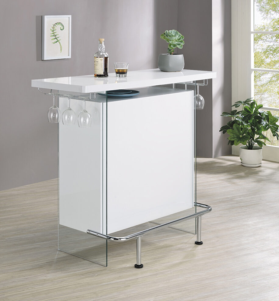 White high gloss finish rectangular bar unit with footrest and glass side panels by Coaster