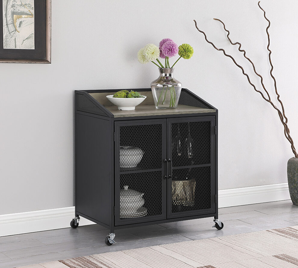 Gray wash and sandy black wine cabinet with wire mesh doors by Coaster
