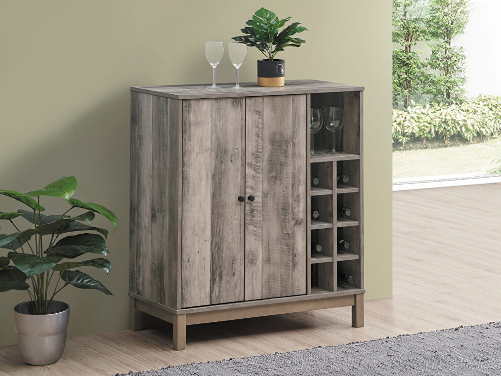 Weathered acacia finish wood 2-door wine cabinet with stemware rack by Coaster