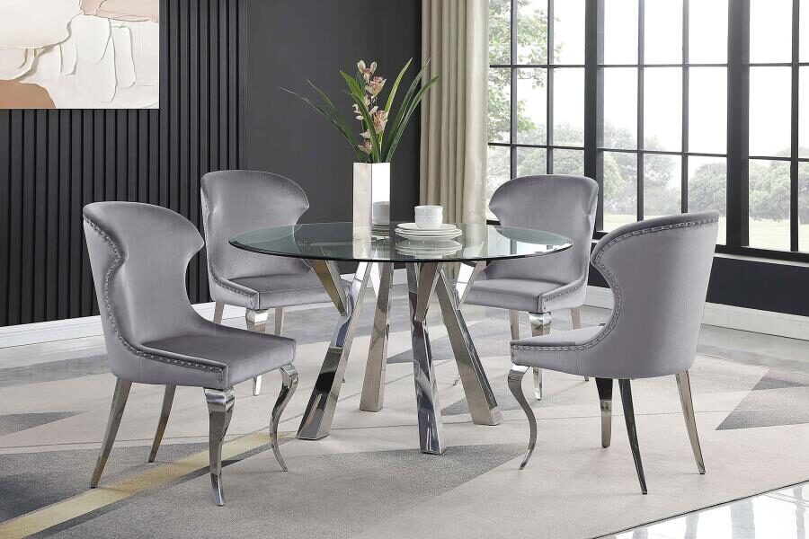 Round glass top dining table clear and chrome w/ gray chairs by Coaster